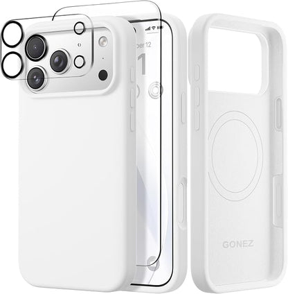 GONEZ Magnetic for iPhone 17 Pro Case, Compatible with MagSafe, [Screen Protector + Camera Lens Protector], Liquid Silicone Anti-Scratch Shockproof Protective Phone Case 6.3 inch, White