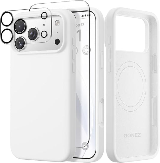 GONEZ Magnetic for iPhone 17 Pro Case, Compatible with MagSafe, [Screen Protector + Camera Lens Protector], Liquid Silicone Anti-Scratch Shockproof Protective Phone Case 6.3 inch, White