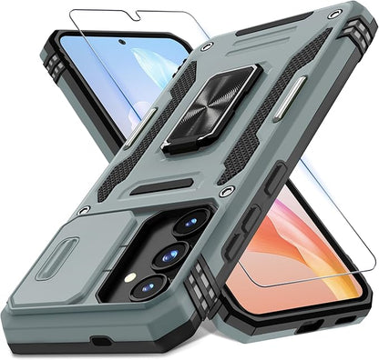 DEERLAMN Case for Samsung Galaxy S25 6.2-Inch with Slide Camera Cover+Screen Protector (1 Pack), Rotated Ring Kickstand Military Grade Shockproof Protective Cover-Grey