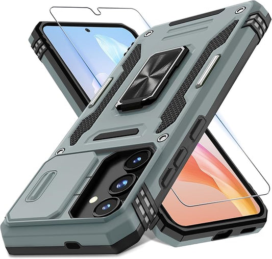 DEERLAMN Case for Samsung Galaxy S25 6.2-Inch with Slide Camera Cover+Screen Protector (1 Pack), Rotated Ring Kickstand Military Grade Shockproof Protective Cover-Grey