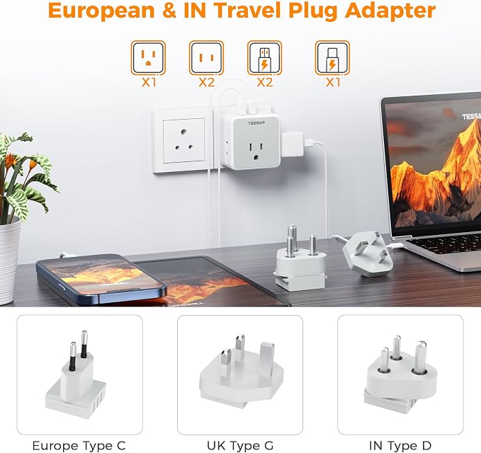 TESSAN European UK India Travel Plug Adapter Kit | International Detachable, 3 Outlet 3 USB (1 USB C), Type C/G/D EU Power Adaptor