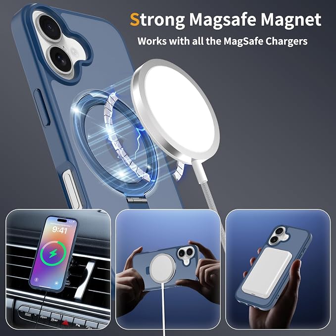 Ultra-Magnetic Stand for iPhone 17 Case [Military Drop Protection] [Compatible with MagSafe] Shockproof Translucent Matte Slim Ring Holder Case for iPhone 17 (Blue)