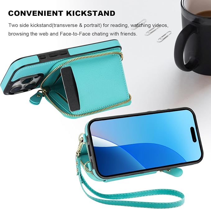 Bocasal RFID Blocking Wallet Case for iPhone 16 Pro, Adjustable Crossbody Zipper Purse Case Card Holder with Kickstand Detachable Wrist Strap, PU Leather Flip Folio Case 6.3 Inch 5G (Mint Green)