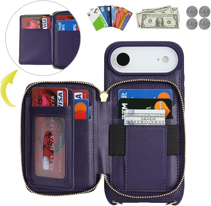 Crossbody Wallet Case for iPhone Air, PU Leather Zipper Handbag Purse Flip Cover, Kickstand Folio Case with Card Slots Holder Wrist Strap Lanyard 5G 6.5 Inch-Purple