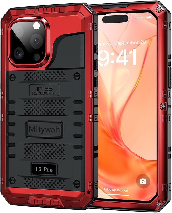 Mitywah Waterproof Case for iPhone 15 Pro, Heavy Duty Shockproof Case with Built-in Screen Protector, Full Body Underwater Protective Metal Case 6.1 inch, Red