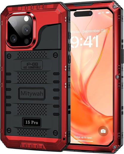Mitywah Waterproof Case for iPhone 15 Pro, Heavy Duty Shockproof Case with Built-in Screen Protector, Full Body Underwater Protective Metal Case 6.1 inch, Red