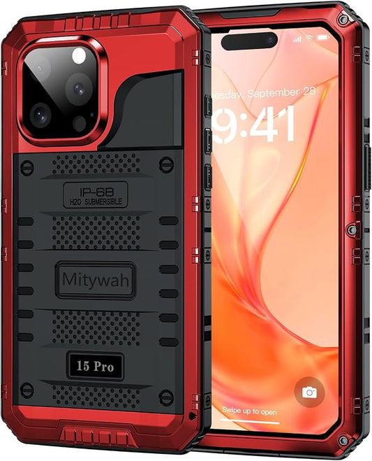 Mitywah Waterproof Case for iPhone 15 Pro, Heavy Duty Shockproof Case with Built-in Screen Protector, Full Body Underwater Protective Metal Case 6.1 inch, Red