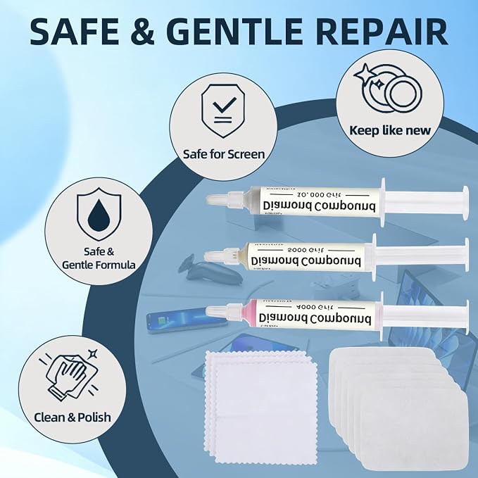 Scratch Remover Kit for Phone Screens, Watches & Tablets – Safe Touch-Friendly Screen Scratch Repair with 3 Diamond Polishing Compounds, 6 Polishing Cloths & 3 Cleaning Wipes