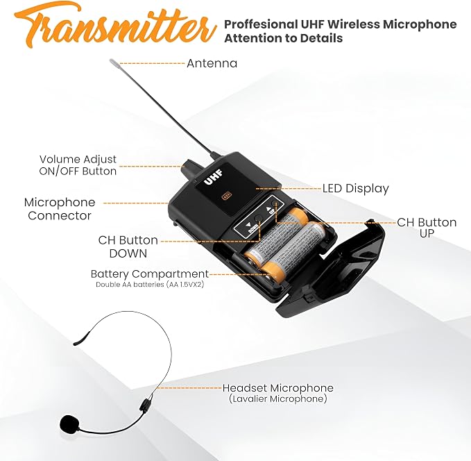 Pyle UHF Wireless Microphone System Kit - Portable Professional Cordless Microphone Set with Headset, Lavalier, Beltpack Transmitter, Receiver - Karaoke & Conference