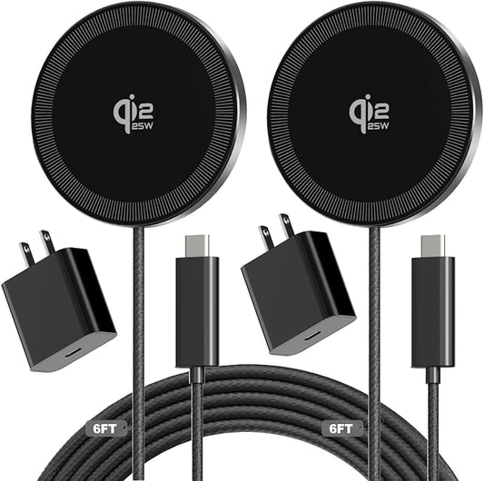 25W Magnetic Wireless Charger, 6FT Fast Charging Pad Qi2.2 Wireless Charge for iPhone 17 16 /AirPods3/2/Pro/for Galaxy S26 Ultra/Pixel 10 Series, Portable Charger for Desk& Travel(2Pack,Elegant Black)