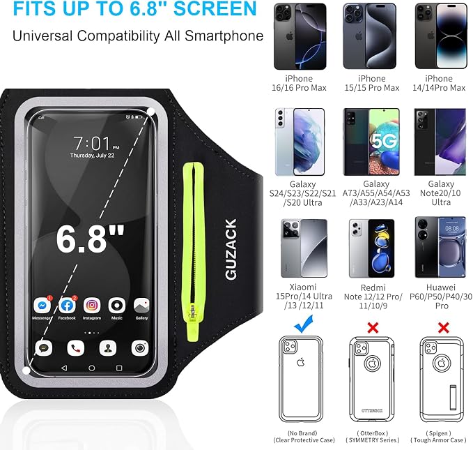 GUZACK Running Armband for iPhone 17 16 15 14 13 Pro Max, Galaxy S25 S24 S23 S22, with Card Slot & Key Pockets, Running Phone Holder, Fit Up to 6.9 Inches Phone - Size S (Smaller Arm 9-14 in)