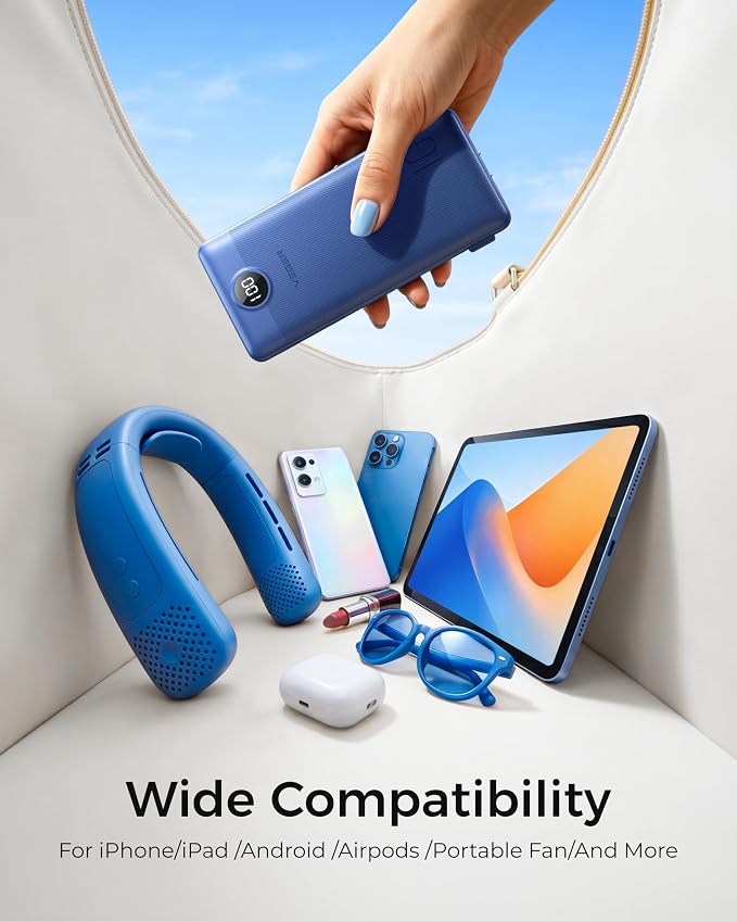 VEGER Portable Charger with Built-in AC Plug and Cables, All in One 10000mAh Ultra Slim Power Bank Travel Essentials, USB C External Battery Pack Compatible with iPhone, Samsung, More, Navy