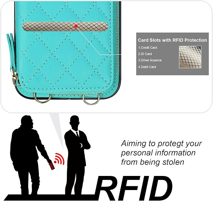 Bocasal Crossbody Wallet Case for iPhone 15 Plus, RFID Blocking PU Leather Zipper Handbag Purse Flip Cover, Kickstand Folio Case with Card Slots Holder Wrist Strap Lanyard 5G 6.7 Inch (Mint Green)