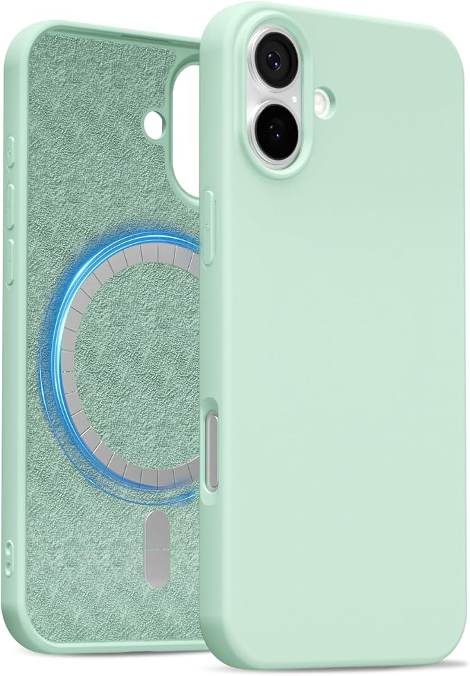 for iPhone 16 Plus Case Silicone Compatible with Magsafe Case, Ultra Slim Thin Magnetic Phone Cases Mag Safe, Cute Soft Rubber Gel TPU Matte Plain Wireless Charging Cover for Women, Mint Green