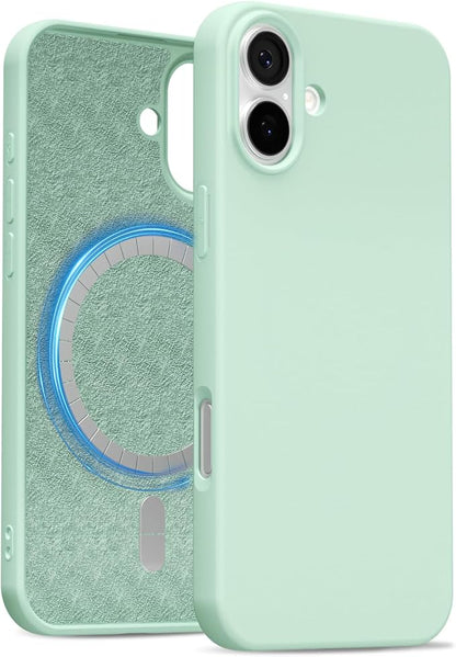 for iPhone 16 Plus Case Silicone Compatible with Magsafe Case, Ultra Slim Thin Magnetic Phone Cases Mag Safe, Cute Soft Rubber Gel TPU Matte Plain Wireless Charging Cover for Women, Mint Green