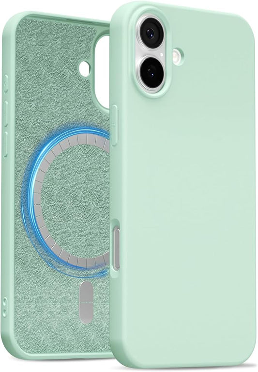 for iPhone 16 Plus Case Silicone Compatible with Magsafe Case, Ultra Slim Thin Magnetic Phone Cases Mag Safe, Cute Soft Rubber Gel TPU Matte Plain Wireless Charging Cover for Women, Mint Green