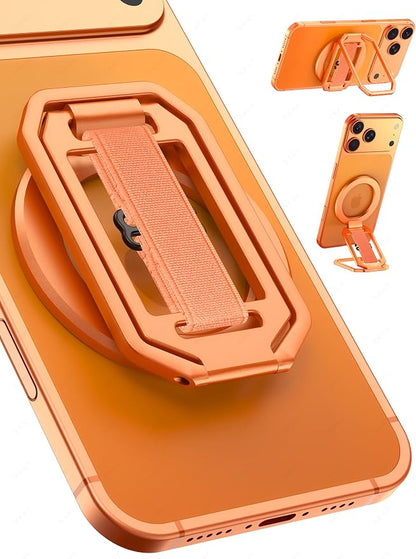 All-Aluminum Magnetic Phone Grip & Stand for Desk, Bed & On-the-Go – Compatible with MagSafe – Secure One-Hand Hold, Comfortable Scrolling, Hands-Free Video Calls, Sunset Orange