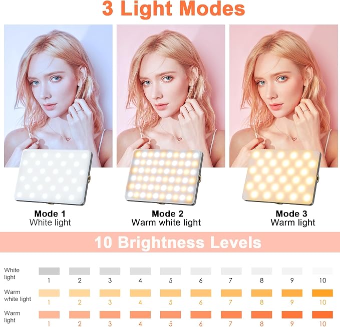 TONEOF Portable Selfie Light,Rechargable 60 LED PhoneLight with Clip & Double 1/4" Screw Hole,2500k-9000K Dimmable for iPhone,Android,Laptop,Tablet,Selfie/Video Conference