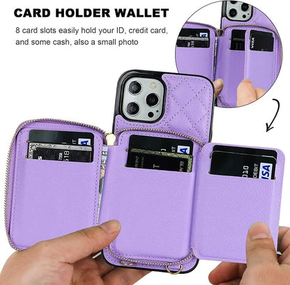 Bocasal Crossbody Wallet Case for iPhone 12 Pro Max, RFID Blocking PU Leather Zipper Handbag Purse Flip Cover, Kickstand Folio Case with Card Slots Holder Wrist Strap Lanyard 5G 6.7 Inch (Purple)