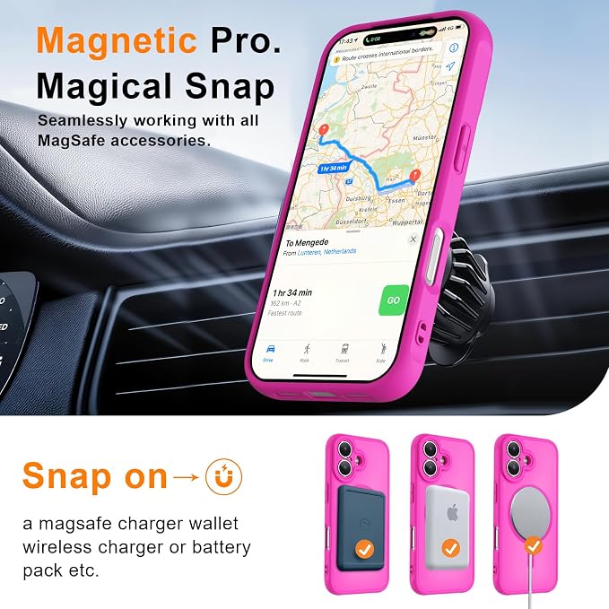 MOCCA Magnetic for iPhone 17 Case, (Compatible with Magsafe) (16FT Military Grade Protection) Full Camera Protection Anti-Fingerprint Slim Translucent Matte Phone Cover 6.3",Hot Pink