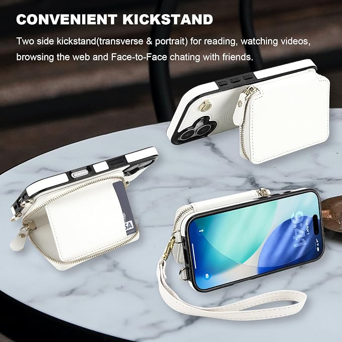 Bocasal for MagSafe Crossbody Wallet Case Compatible with iPhone 17, RFID Blocking Protective Purse Case with Card Slots Holder Kickstand Wrist Strap Lanyard Zipper 6.3 Inch 5G (White)