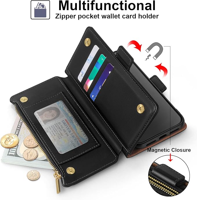 Antsturdy Compatible with iPhone 12 Wallet Case,RFID Blocking PU Leather Phone Case Women Men Kickstand Flip Cover Wrist Strap Zipper Credit Card Holder Slots,for Apple 12 Pro 6.1",Black