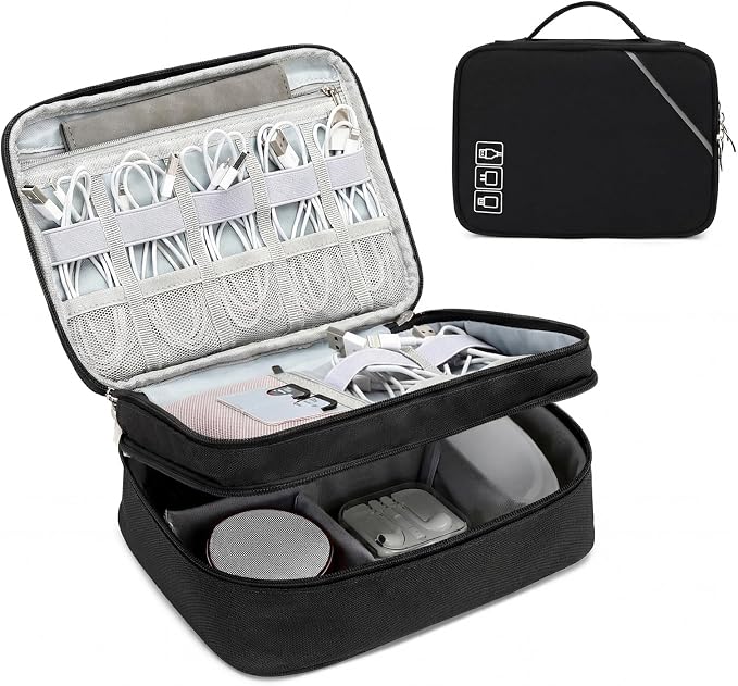 Lanola Electronic Organizer,Travel Cable Organizer Bag Pouch Electronic Accessories Carry Case Portable Double Layers Storage Bag for Cable,Cord,Charger,Phone,Earphone,Power Bank,Memory Cards - Black