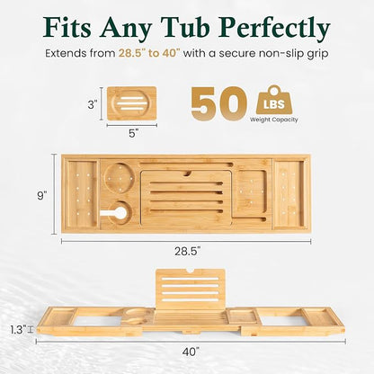 Bamboo Bathtub Tray, Bath Caddy with Wine Glass Holder, Phone Dock & Book Stand | Hands-Free Reading & Ultimate Spa Relaxation Experience-Natural