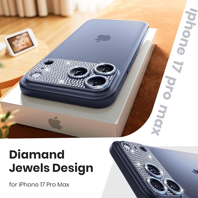 WSKEN for iPhone 17 Pro Max Camera Lens Protector Diamond Bling - [Not Easy to Fall][Strong Adsorption] Glitter Metal Aluminum Alloy Rear Camera Screen Cover Accessories, Deep Blue