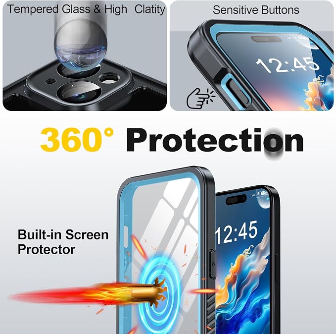 for iPhone 15 Case Waterproof - Built-in Privacy Screen Protector & HD Screen Protector [IP68 Underwater] Shockproof Dustproof Full Body Protection iPhone 15 Phone Case Blue