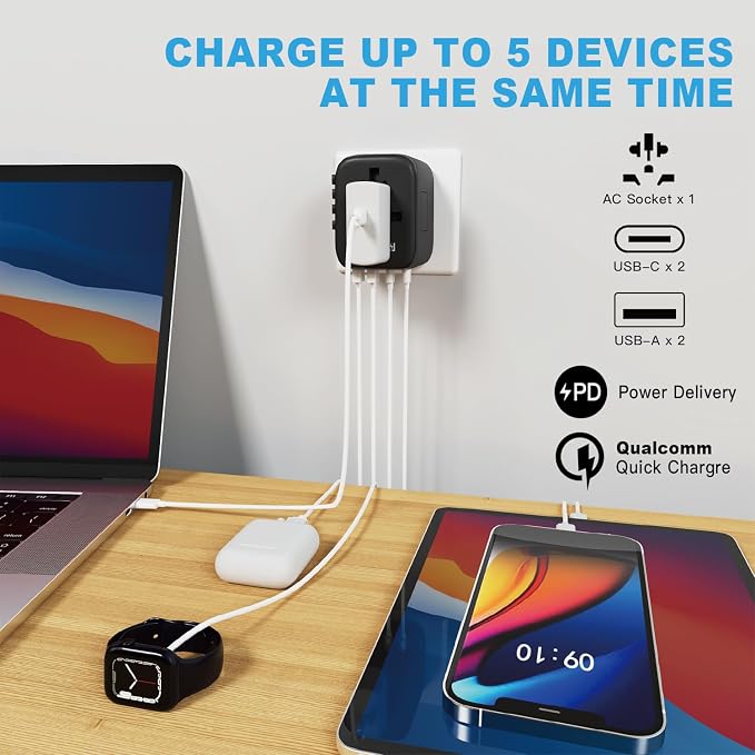 HAPOW Universal Travel Adapter, PD20W International Power Adapter, 2 USB-C & 2 USB-A Fast Charging Travel Charger, All in One Worldwide Travel Plug Adapter, Outlet Adapter for Europe EU UK USA AU