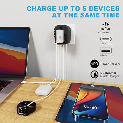 HAPOW Universal Travel Adapter, PD20W International Power Adapter, 2 USB-C & 2 USB-A Fast Charging Travel Charger, All in One Worldwide Travel Plug Adapter, Outlet Adapter for Europe EU UK USA AU