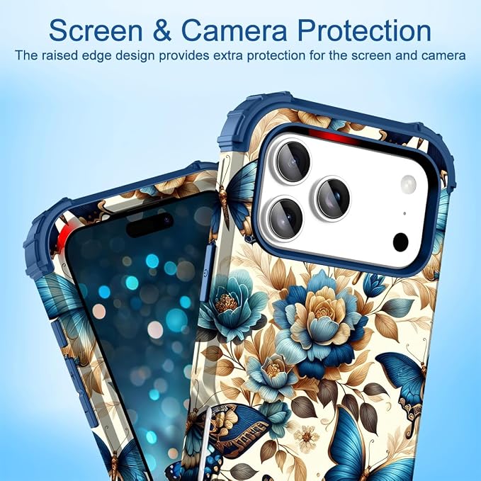 Hocase for iPhone 17 Pro Case 6.3", Heavy Duty Shockproof Protection Soft Silicone Rubber+Hard Plastic Bumpers Hybrid Protective Case for iPhone 17 Pro 2025 - Blue Butterflies