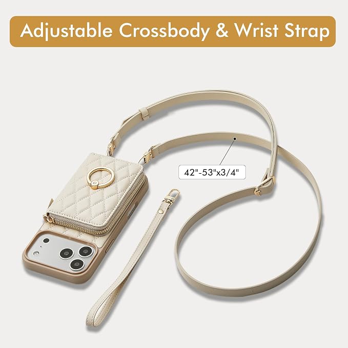 ZVE for iPhone 17 Pro Case Wallet with Strap, Crossbody Protective Lanyard Flip Cover with Ring Holder 6.3 Inch-Beige