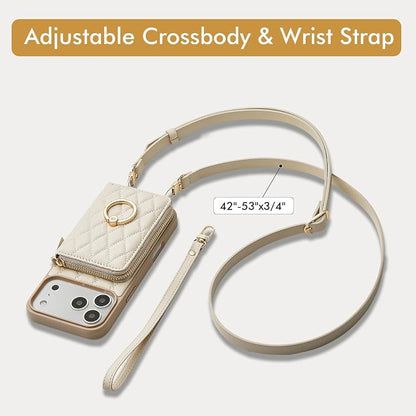 ZVE for iPhone 17 Pro Case Wallet with Strap, Crossbody Protective Lanyard Flip Cover with Ring Holder 6.3 Inch-Beige