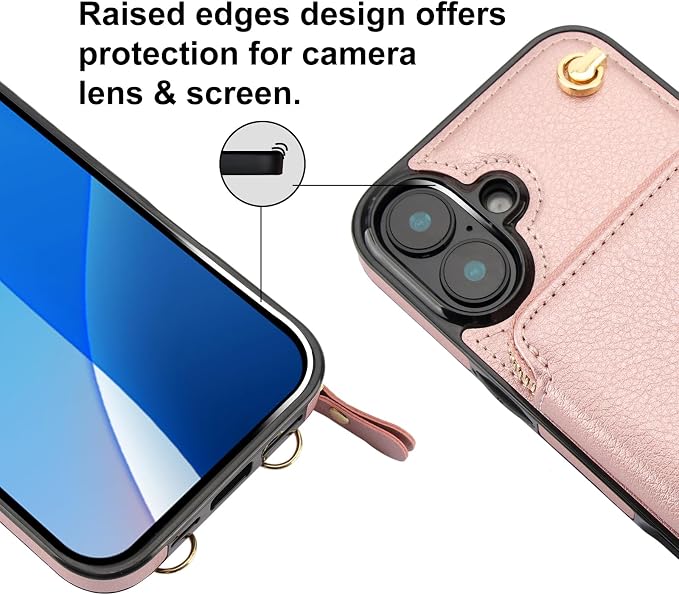 Bocasal Crossbody Wallet Case for iPhone 16 Plus, RFID Blocking Leather Purse Case with Card Holder, Protective Handbag Flip Cover with Zipper Wrist Strap Lanyard for Women 5G 6.7 Inch (Rose Gold)