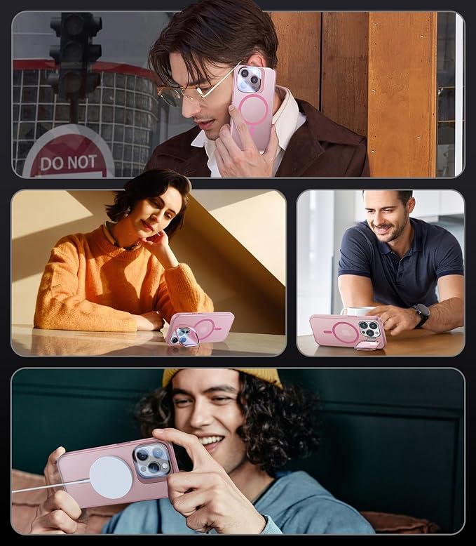 for iPhone 13 Pro Max Case with Camera Cover Stand [Built-in 9H Camera Lens Protector][Fit for Magsafe] Military Grade Shockproof Translucent Matte Magnetic Phone Case 6.7",Pink