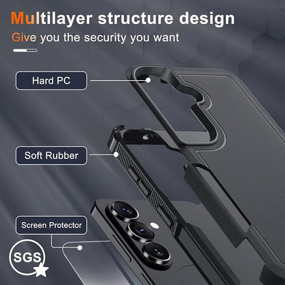 for Samsung Galaxy S26+ Plus Case with Screen Protector+Camera Lens Cover,Military Grade Heavy Duty Shockproof Phone Cover with Wrist Lanyard Strap for Samsung S26Plus,Black Matte