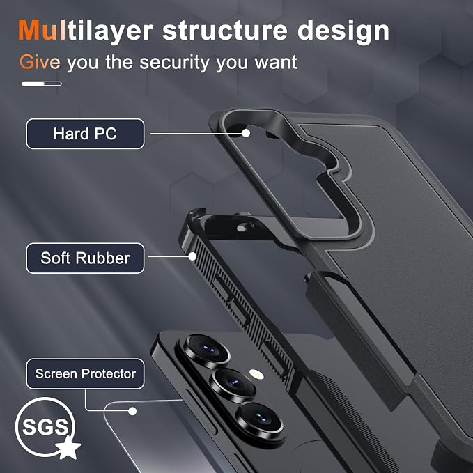 for Samsung Galaxy S26 Case with Screen Protector+Camera Lens Cover,Military Grade Heavy Duty Shockproof Phone Cover with Wrist Lanyard Strap for Samsung S26,Black Matte