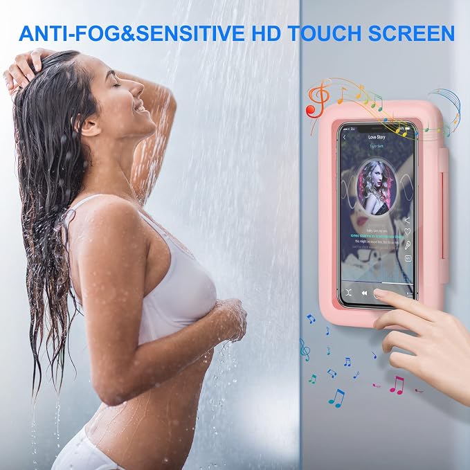 KUNSLUCK Shower Phone Holder Waterproof, 480° Rotation Shower Phone Mount, Anti-Fog HD Sensitive Touch Screen Phone Holder for Shower, Bathtub, Compatible with 4.7" - 6.8" Cell Phones（Romantic Pink ）