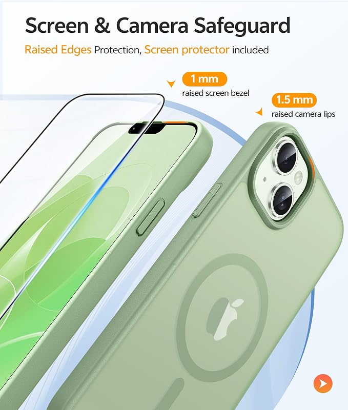 FNTCASE for iPhone 15 Plus Case: for iPhone 14 Plus Case [Compatible with Magsafe] Translucent Matte Cases with [Screen Protector] Military Grade Shockproof Protective Phone Cover - Light Moss