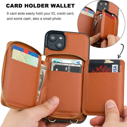 Bocasal RFID Blocking Wallet Case for iPhone 14 Plus, Adjustable Crossbody Zipper Purse Case Card Holder with Kickstand Detachable Wrist Strap, PU Leather Flip Folio Case 6.7 Inch 5G (Brown)