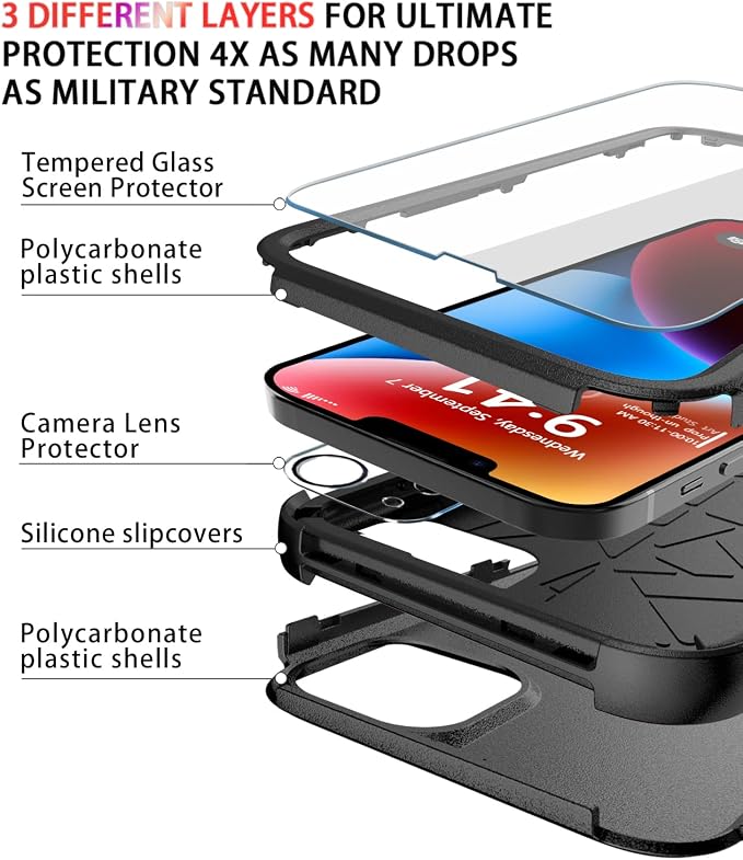 Diverbox for iPhone 14 Case [Shockproof] [Dropproof] [Tempered Glass Screen + Camera Lens Protector] Heavy Duty Protection Phone Case Cover for iPhone 14 6.1inch