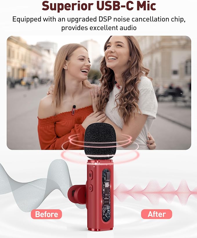 USB C Lavalier Microphone Wireless Mini Mic for Type-C Android Phone/Tablet/PC Video Recording Clip-on Mics with Rotatable Clip&Denoise Recording, Ideal for Vlog Tiktok Youtube Content Creator, Red