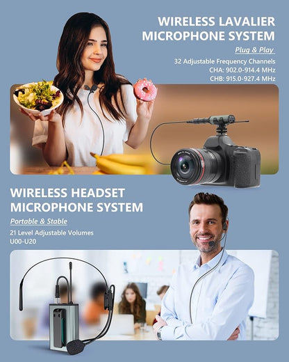 ttstar Wireless Microphone System Headset/Stand/Lavalier Mic with Rechargeable Bodypack Transmitter Receiver for PA Speaker, Camera, Recording, Teaching, Church (2T1R-Steel)
