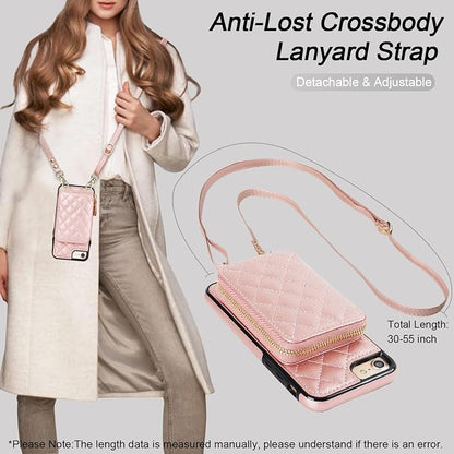 Bocasal Crossbody Wallet Case for iPhone SE 2022/SE 2020/8/7, RFID Blocking Leather Zipper Handbag Purse Flip Cover, Kickstand Folio Case with Card Slot Holder Wrist Strap Lanyard 4.7 Inch (Rose Gold)