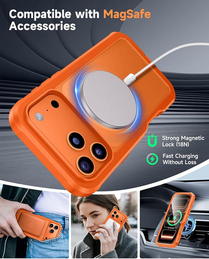 seacosmo for iPhone 17 Pro Case, Full Body Bumper with Built-in Tempered Glass Screen and Camera Lens Protector, Compatible with MagSafe, Shockproof 17 Pro Phone Case, 6.3", Orange