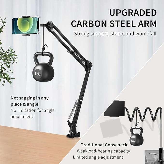 Phone Holder for Desk, Phone Holder for Bed with Adjustable Clamp Clip, Flexible Phone Stand Lazy Bracket Mount Long Arms Clamp for iPhone, Samsung, Google Pixel, Moto (Black)