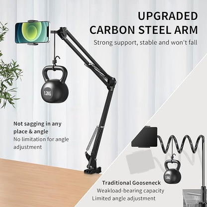 Phone Holder for Desk, Phone Holder for Bed with Adjustable Clamp Clip, Flexible Phone Stand Lazy Bracket Mount Long Arms Clamp for iPhone, Samsung, Google Pixel, Moto (Black)