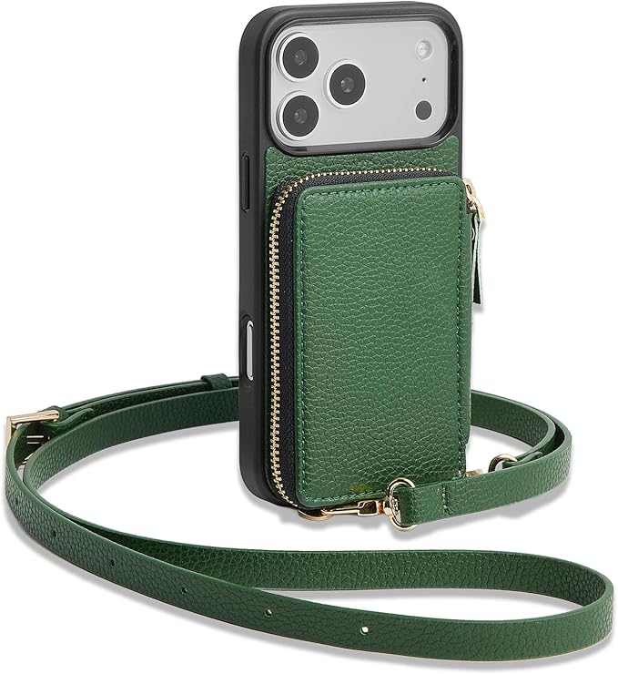 ZVE for iPhone 17 Pro Max Wallet Case Crossbody, Zipper Purse with Card Holder Wrist Strap for Women 6.9" Dark Green